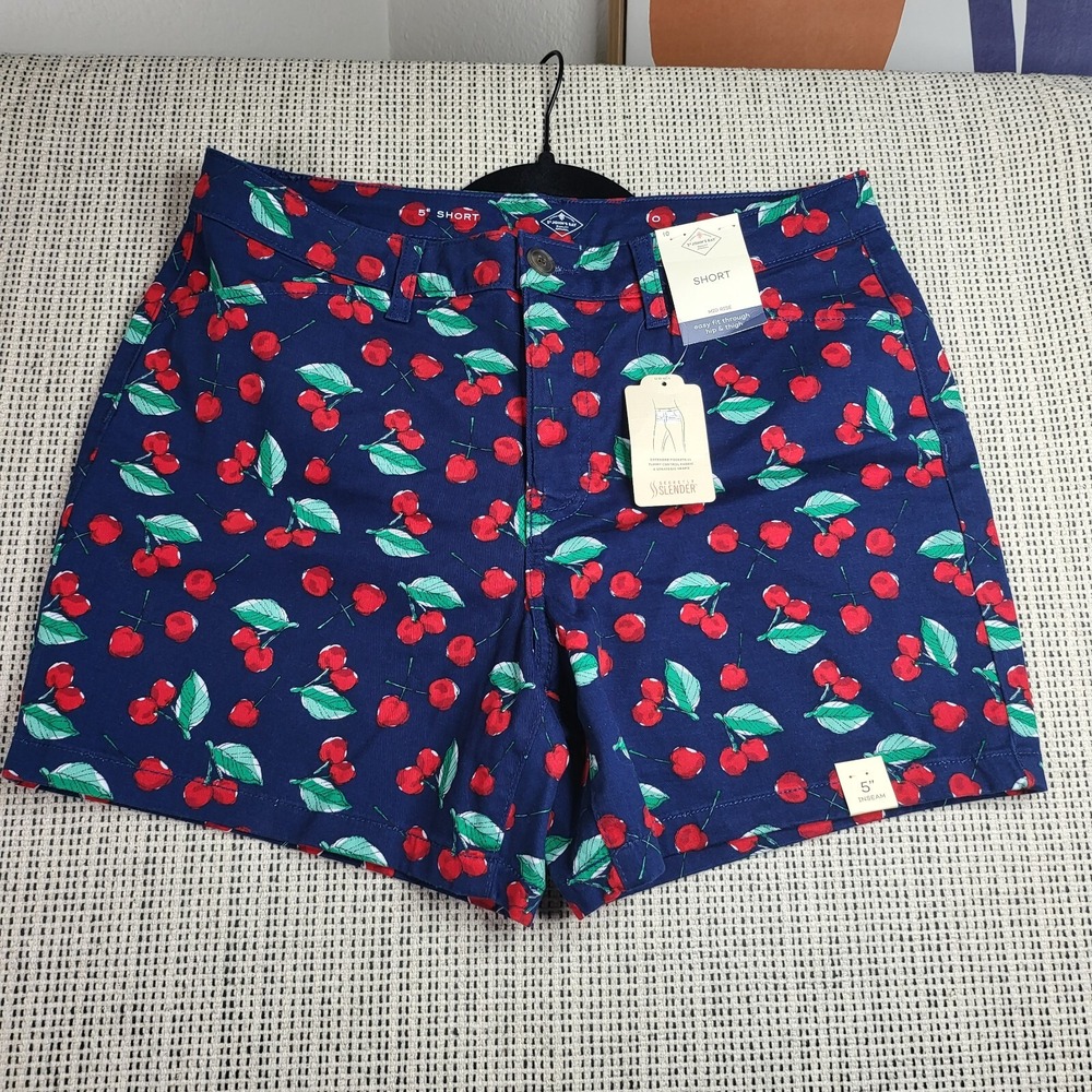 St. Johns Bay Linen Blend Midrise Elastic Waist Shorts Blue W/Cherry Print Sz 10